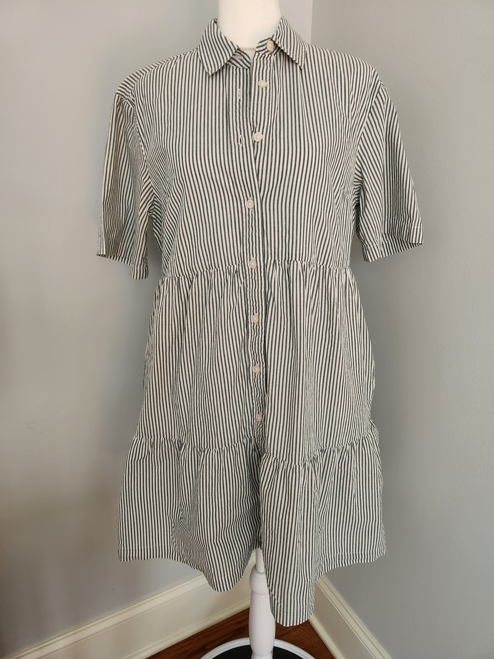 GAP Olive and White Mini Striped Tiered Shirtdress S - Picture 2 of 11